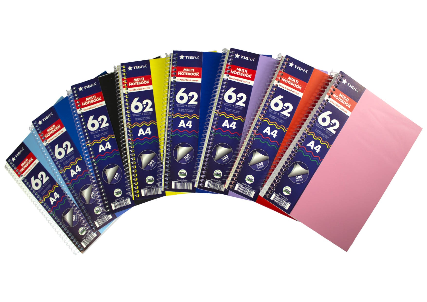 Caiet A4 cu spira, coperti plastic, 200file, 6 sub liniatura mate+2 sub liniatura dict (25 file/sub)