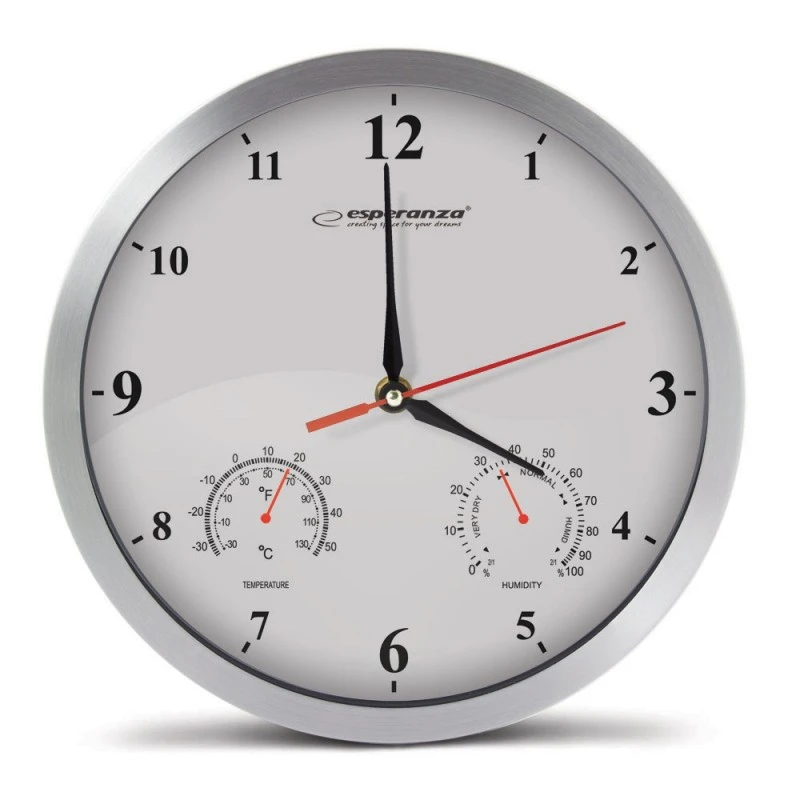 Ceas de perete cu indicator temperatura si umiditate, rama din aluminiu diametru 30 cm Esperanza