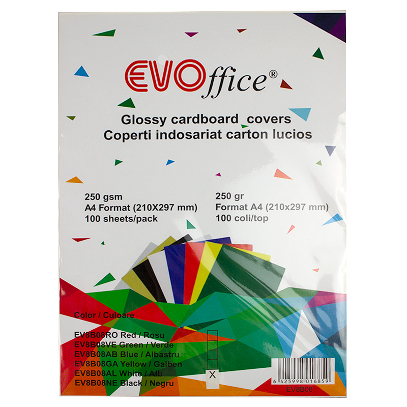 Coperti carton color lucios A4, 250g/mp,100 coli/top EVOffice alb