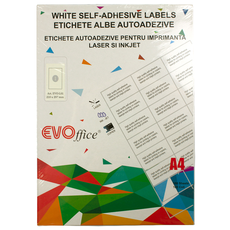 Etichete albe autoadezive pt imprimante 1/A4- 210*297 mm 100coli/cut colturi drepte EVOffice