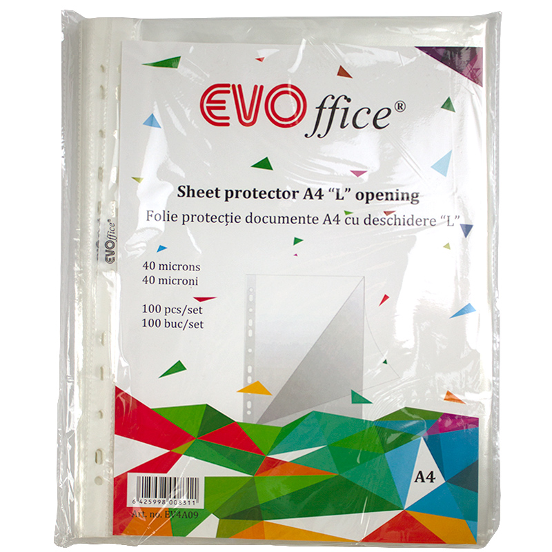 Folie protectie documente A4, 40 microni, cu deschidere "L", 100 buc/set EVOffice