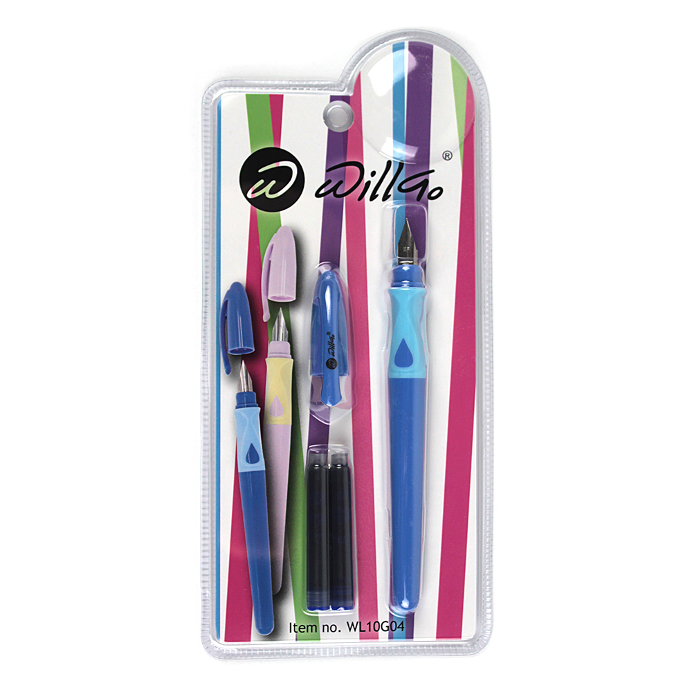Stilou plastic cu rubber grip (ideal pt incepatori) si 2 rezerve cerneala, ambalare blister Willgo - albastru