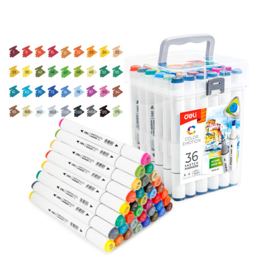 SET 36 MARKERE SKETCHING VARF DUBLU ROTUND 1MM/TESIT 7MM CUT PLASTIC COLOR EMOTION DELI