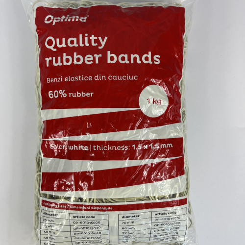 Elastice pentru bani, 60% cauciuc, 1kg/punga, D 50, grosime 1.5mm x 1.5mm, Optima - albe