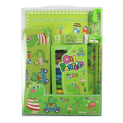 Set de colorat 20*27cm, carte de colorat 12 file, creioane ulei pastel 12 culori/set, 2 creioane HB, rigla, radiera,ascutitoare, penar
