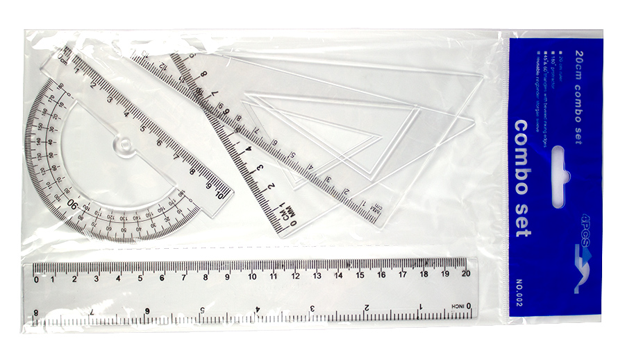 Set geometrie din plastic transparent 4 piese - rigla 20cm, echer 9 cm, echer 13 cm, raportor