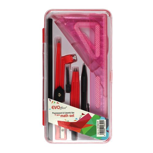 Trusa geometrie 11 piese, cutie plastic EVOffice rosu