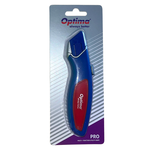 Cutter Optima Pro – lamă trapezoidală SK5 + 2 rezerve, auto-retractabil, aluminiu cu rubber grip