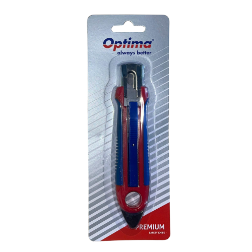 Cutter Optima Premium – lamă trapezoidală SK5, auto-retractabil, șină metalică, ABS cu rubber grip