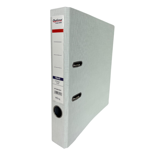 Biblioraft A4, 50 mm, plastifiat PP/paper, margine metalică, Optima Classic – alb