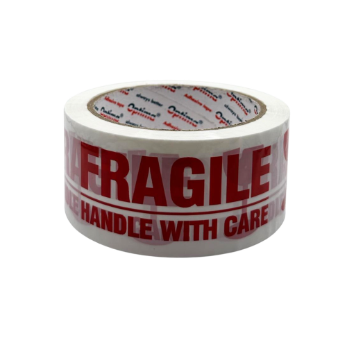 Bandă adezivă Optima Fragile 48mm x 60m – pentru ambalare, albă cu inscripție roșie