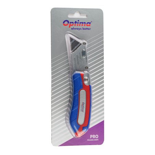 Cutter Optima Pro – lamă trapezoidală SK5 + 2 rezerve, pliabil, clips de curea, zinc cu rubber grip