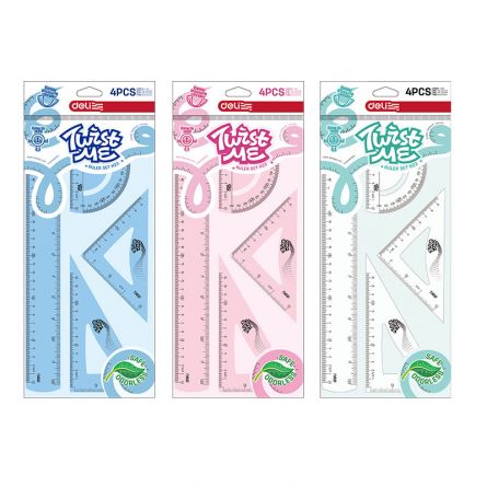 SET GEOMETRIE 4 PIESE FLEXIBIL TWIST ME COLOR (RIG30CM, ECH*2, RAP) DELI