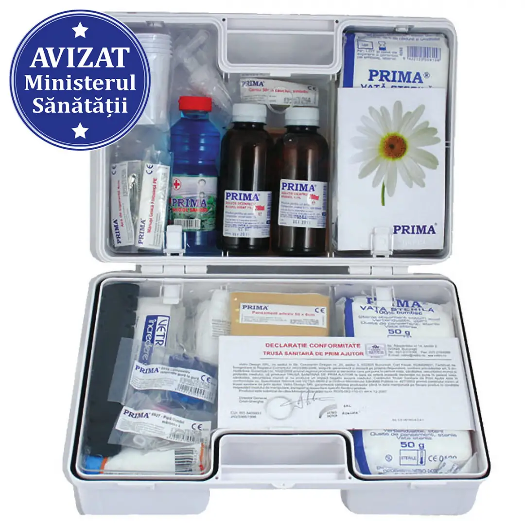 Trusa sanitara prim ajutor detasabila cu suport de perete omologata conform Ordin 427/2002 M.S. completa, 86 componente - imagine 2
