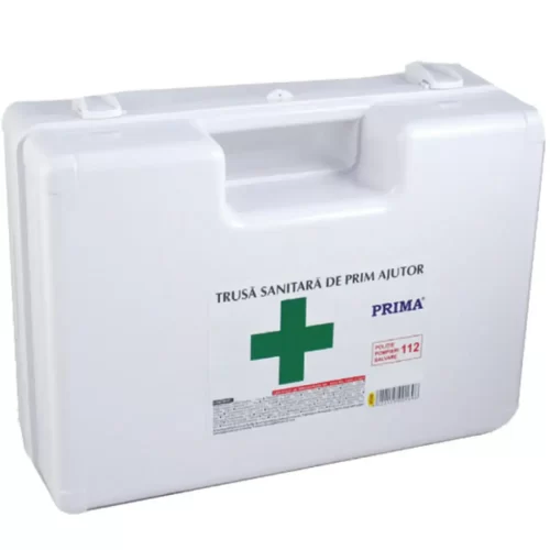 Trusa sanitara prim ajutor detasabila cu suport de perete omologata conform Ordin 427/2002 M.S. completa, 86 componente